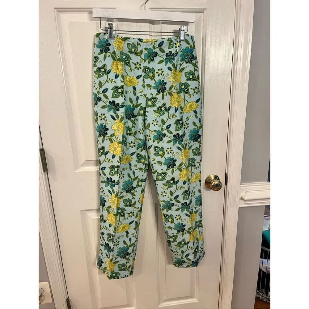 Ann Taylor Light Blue Yellow Floral Print 100% Silk Pants sz 8 EUC